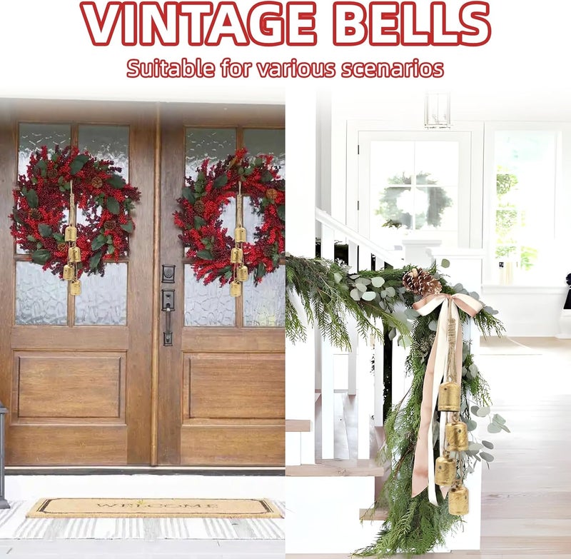SUNYEAH Vintage Gold Bells with Jute Hanging Rope Christmas Tree Decor Lucky Cow Bell Decorative Wall Hanging Decor Witch Bells for Crafts Door Hangers - Image 5